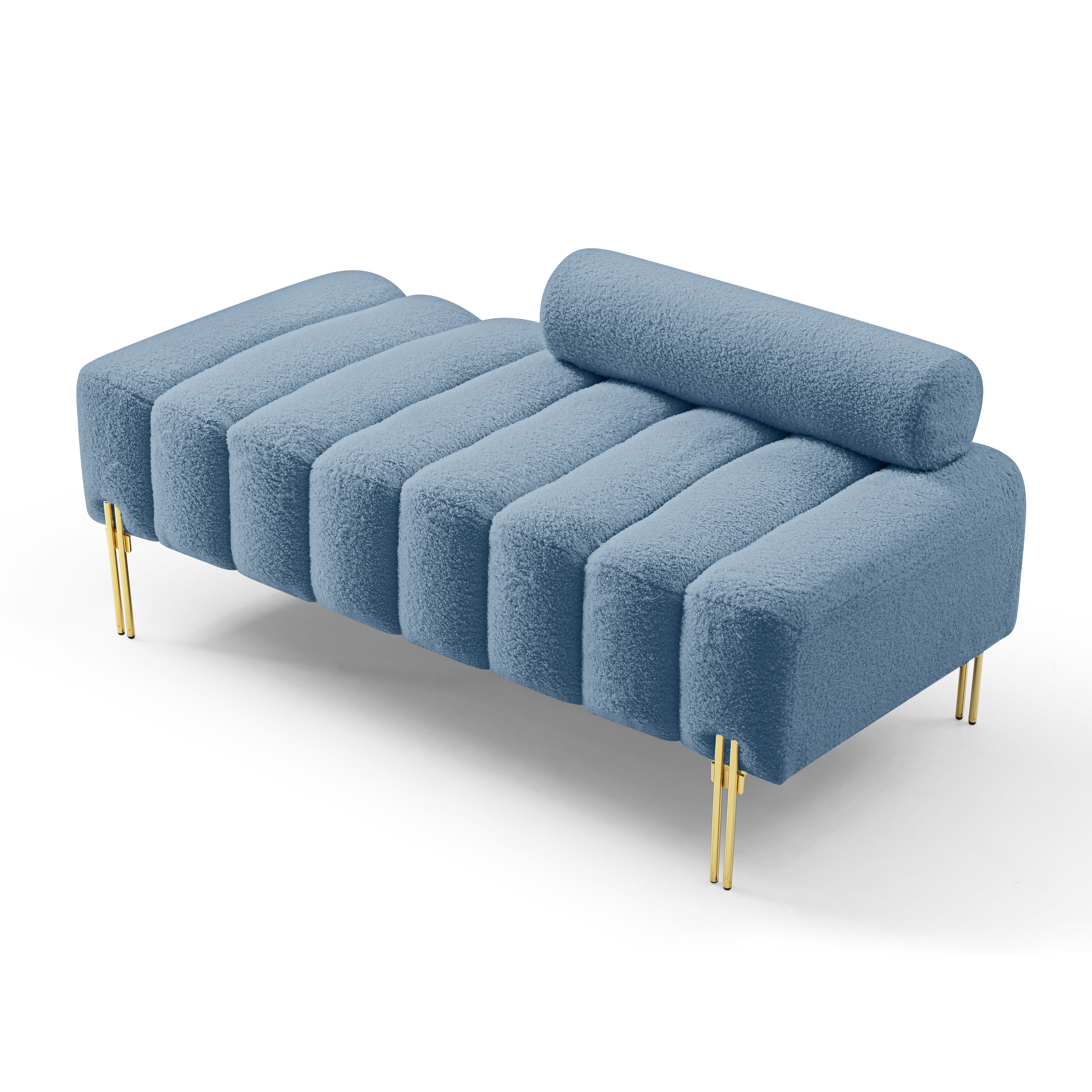 53.2"Width Modern End Of Bed Bench Sherpa Fabric Upholstered 2 Seater Sofa Couch Entryway Ottoman Bench Fuzzy Sofa Stool Footrest Window Bench With Gold Metal Legs For Bedroom Living Room,Blue_voghion.com